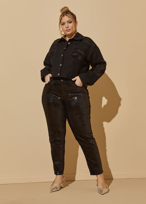 Sequin Embellished Denim Jacket, Black image number 4