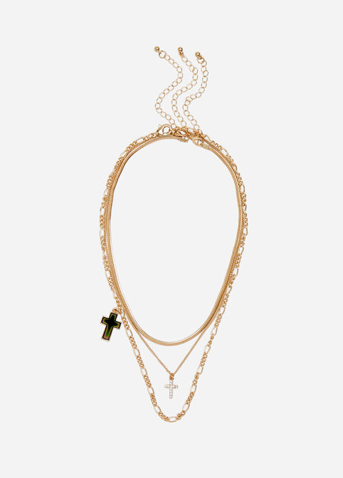 Gold Three Strand Cross Necklace, Gold image number 0