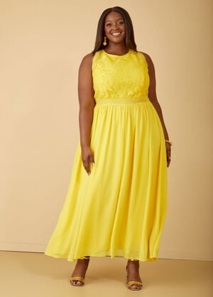 Lace Paneled Chiffon Maxi Dress, Maize image number 0