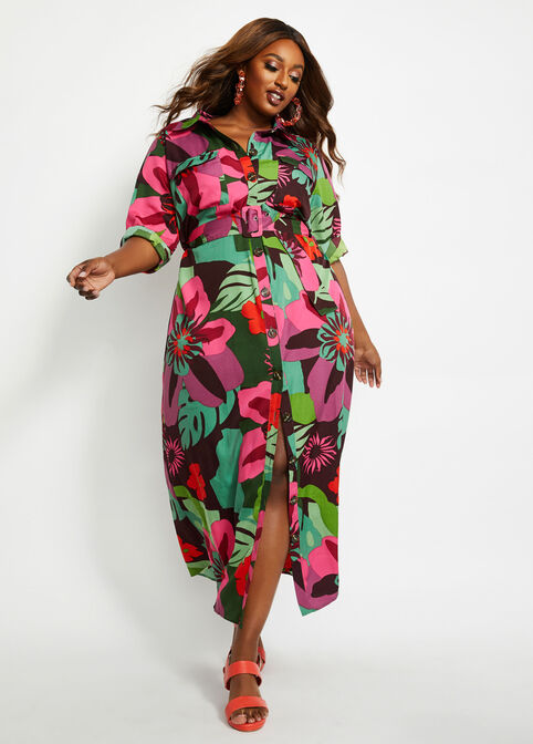 Belted Floral Maxi Shirtdress, Multi image number 2
