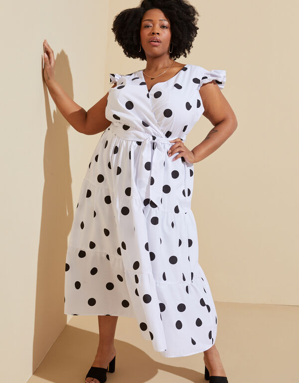 Polka Dot Faux Wrap Maxi Dress, Black White image number 0