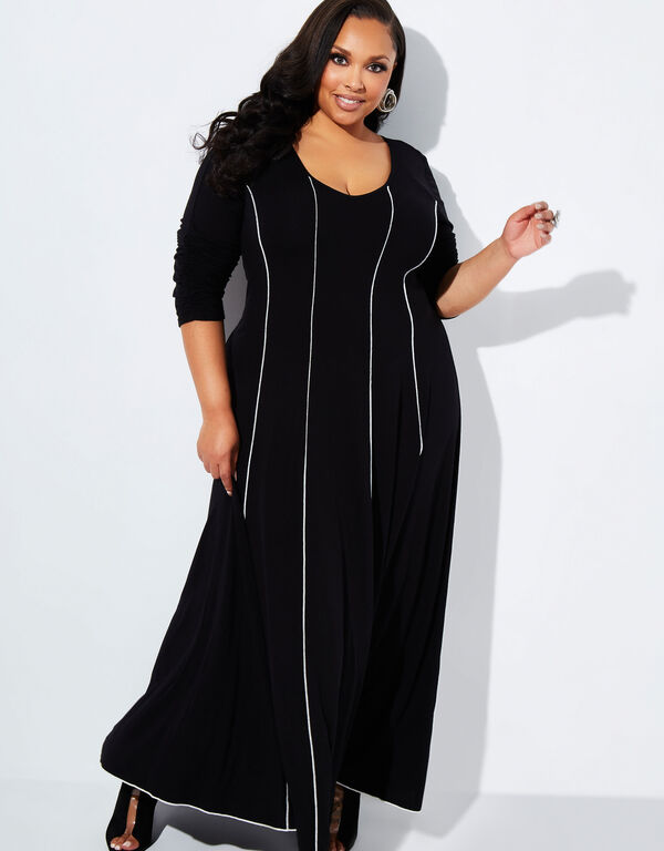 Paneled Stretch Knit Maxi Dress, Black White image number 0