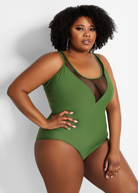 YMI Olive Mesh Trim One Piece, Olive image number 0