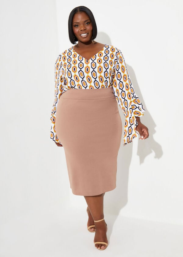 Stretch Crepe Midi Pencil Skirt, Cocoa image number 0