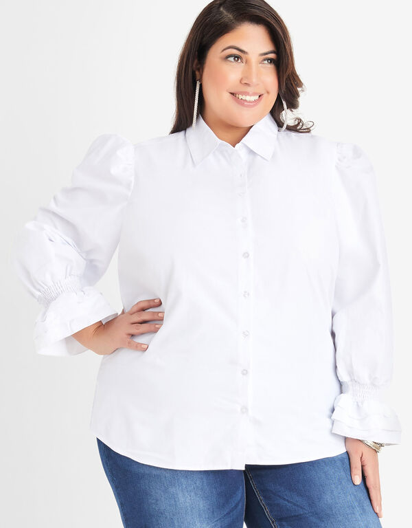 Ruffle Trimmed Cotton Blend Shirt, White image number 0