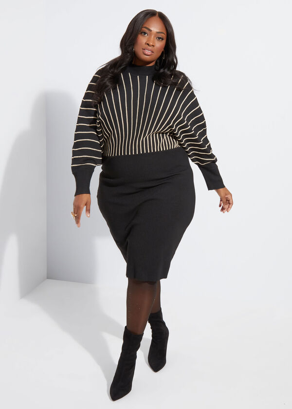 Striped Ribbed Sweater Dress, Black Combo image number 0