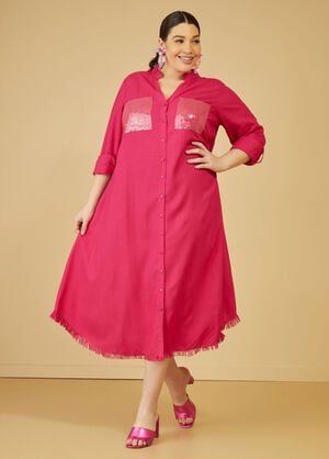 Slub Woven Sequined Shirtdress, Pink Peacock image number 0