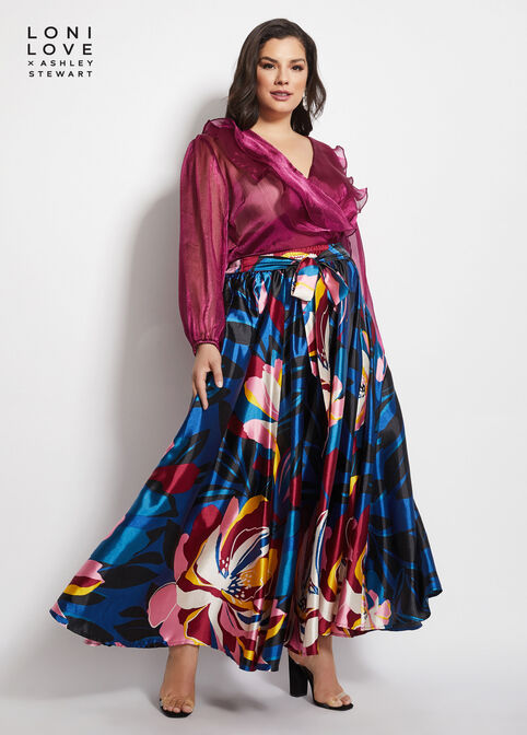 Belted Floral Satin Maxi Skirt, Peacoat image number 3