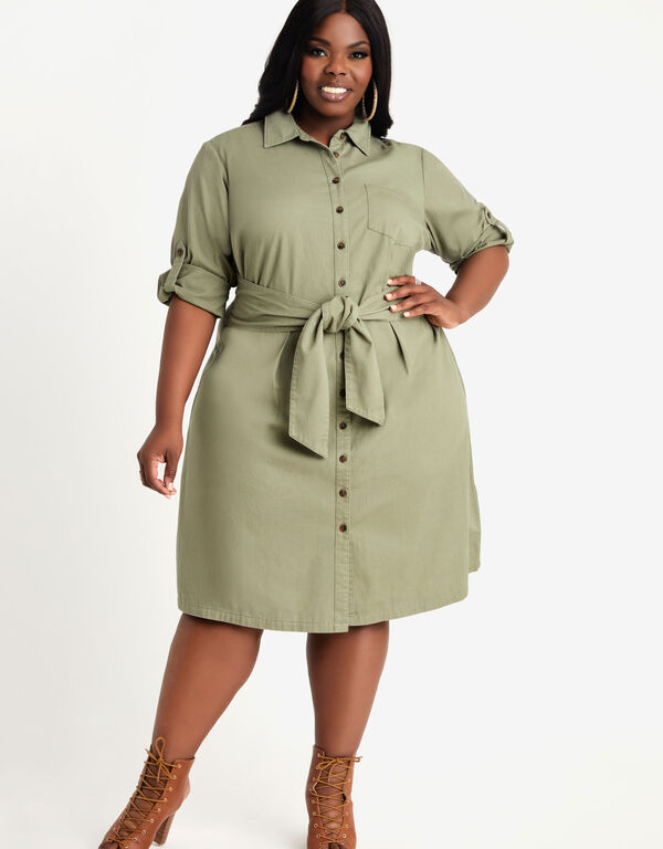 Cotton Tie Front Shirtdress, Olive image number 0
