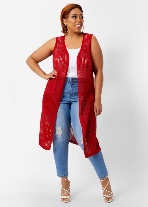 Pointelle Open Front Sweater Vest, Red image number 0