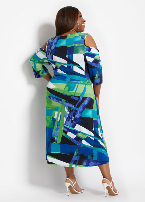 Abstract Cold Shoulder Midi Dress, Blue image number 1
