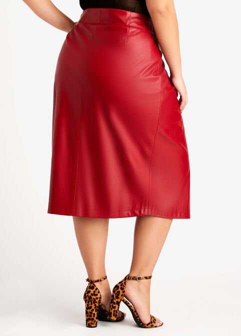 Faux Leather Grommet Wrap Skirt, Red image number 1