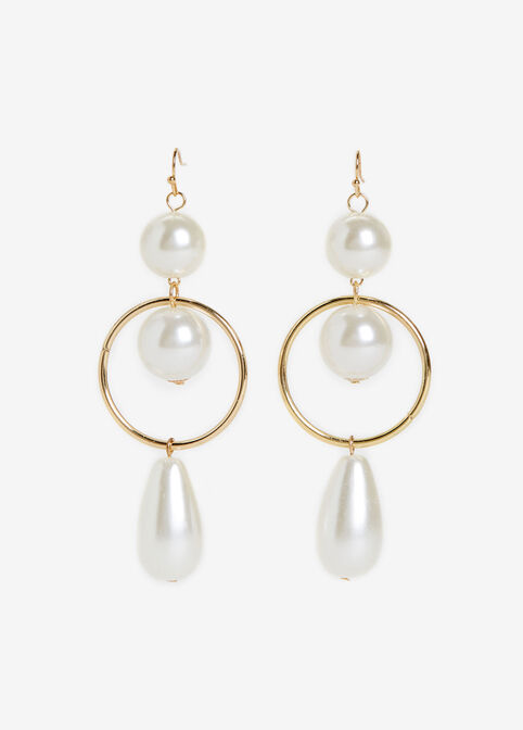 Gold Trio Pearl Long Drop Earrings, Gold image number 0