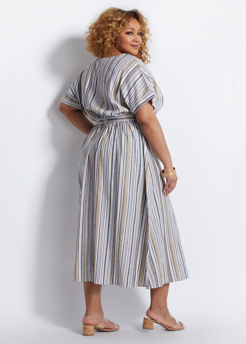 Belted Striped Linen Maxi Dress, Black Combo image number 1
