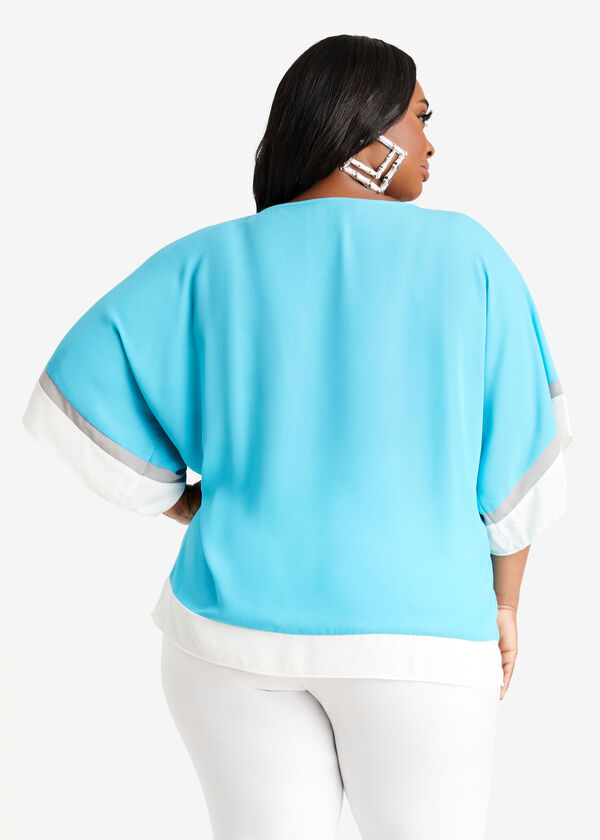Colorblock Wide Sleeve Blouse, Blue image number 1