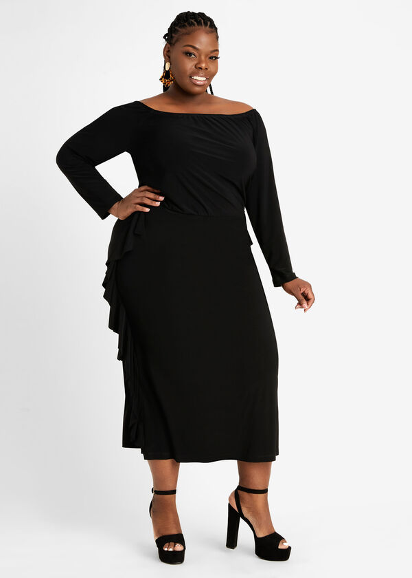 Tall Ruffle Off The Shoulder Dress, Black image number 0