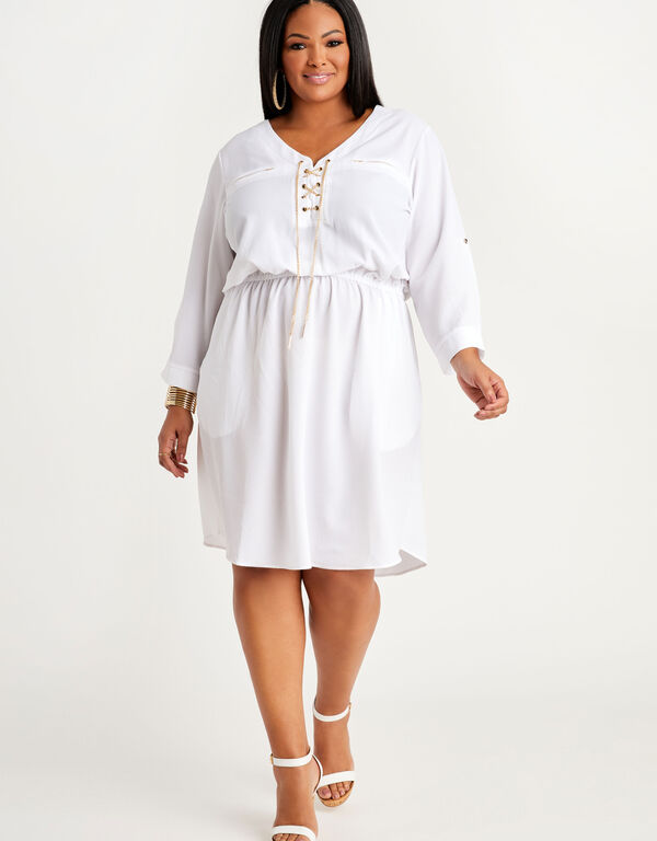 Chain Trimmed Woven Shirtdress, White image number 0