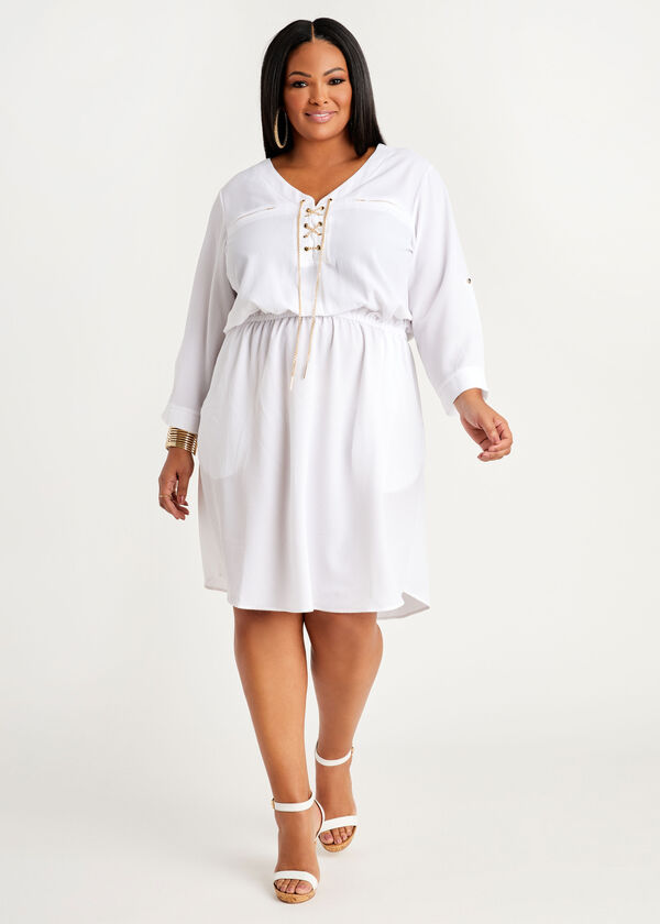 Chain Trimmed Woven Shirtdress, White image number 0