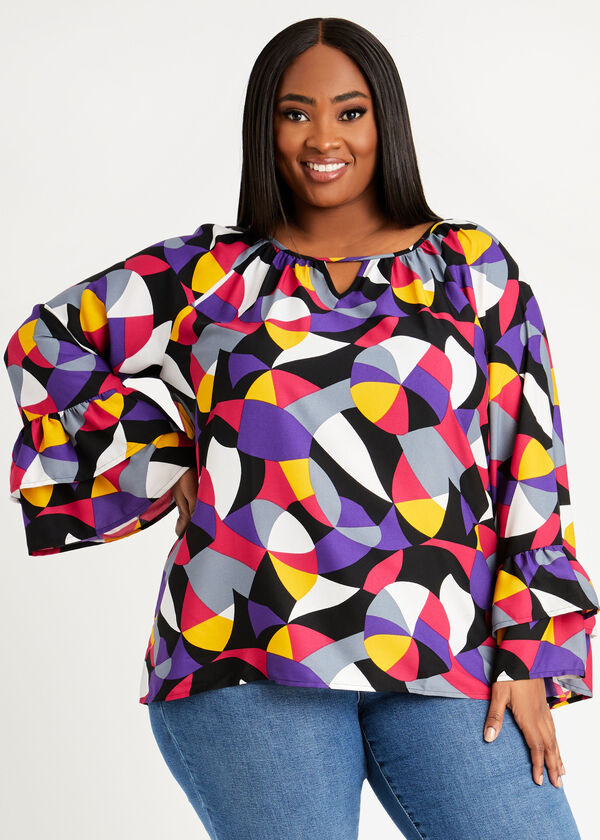 Abstract Keyhole Bell Sleeve Top, Sangria image number 0