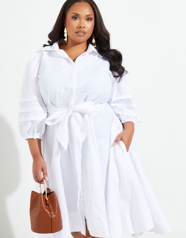 Pleated Cotton-Blend Shirtdress, White image number 0