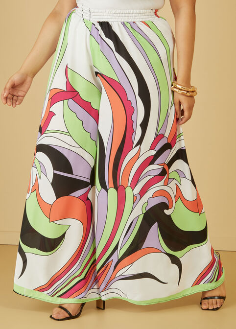 Mid Rise Abstract Wide Leg Pants, White Black image number 2