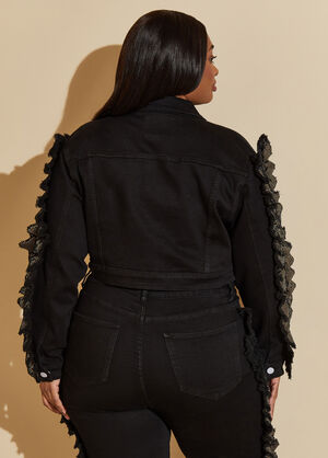 Sequined Cropped Denim Jacket, Black image number 1
