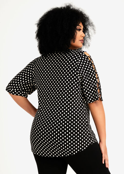 Printed Lace Up Sleeve Top, Black White image number 1
