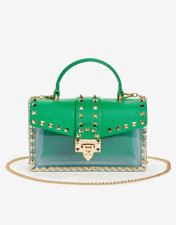 PVC & Faux Leather Studded Satchel, Green image number 0