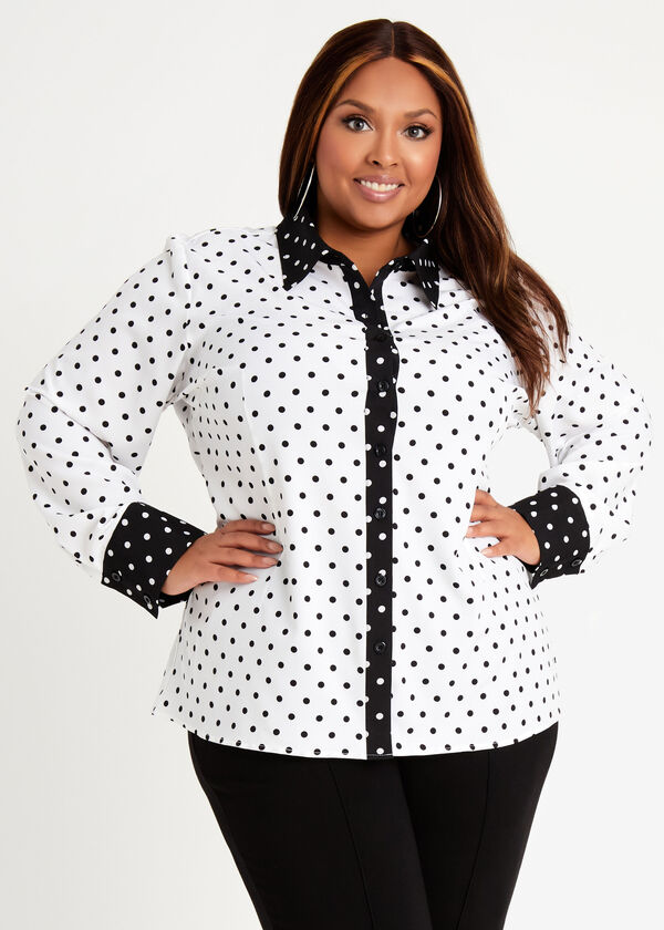 Dot Colorblock Button Up Top, Black White image number 0
