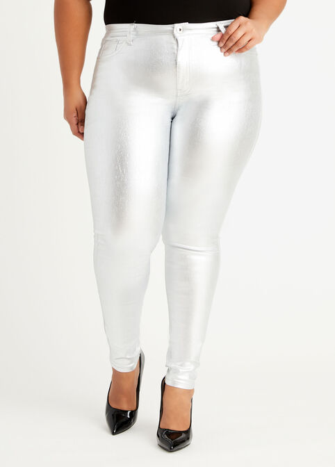 Silver Metallic Skinny Jeans, Silver image number 0