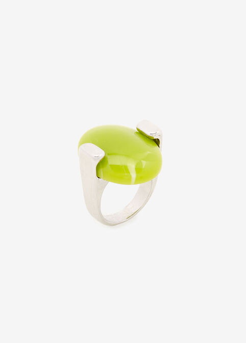 Silver & Green Oval Stone Ring, Bright Chartreuse image number 0