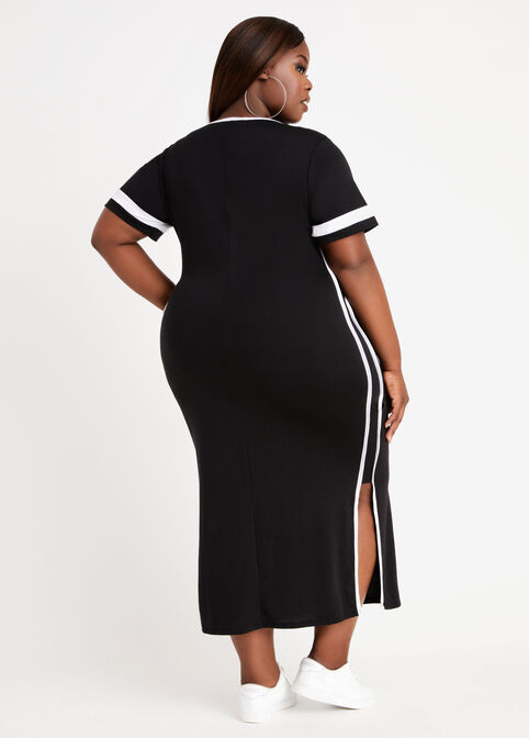 Stripe Hi Slit T Shirt Maxi Dress, Black image number 1