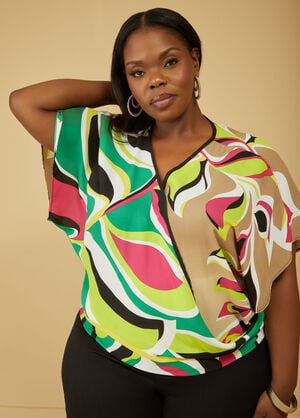 Leaf Print Faux Wrap Blouse, Jelly Bean image number 0