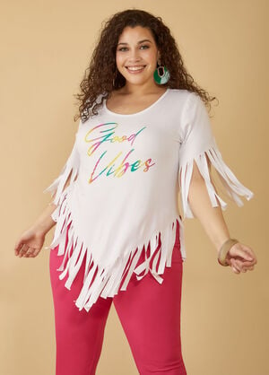 Good Vibes Fringed Graphic Tee, White image number 0
