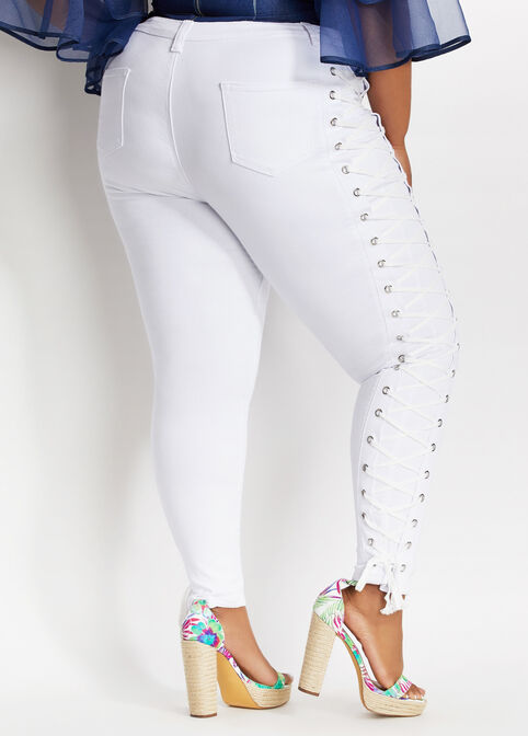 Grommet Lace Up Sides Skinny Jean, White image number 1