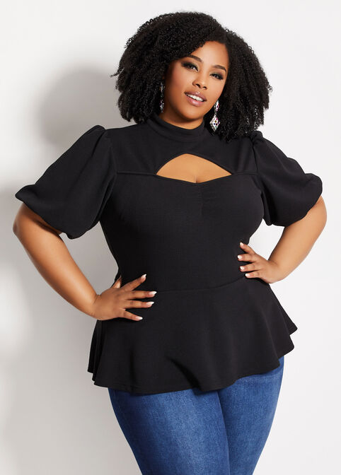Plus Size Pique Cutout Mock Neck Puff Peasant Sleeve Party Peplum Tops image number 0