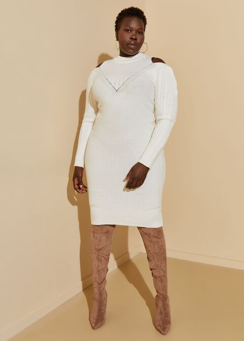 Cold Shoulder Paneled Sweater Dress, Egret image number 3
