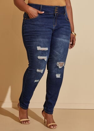 Distressed Cuffed High Rise Jeans, Dk Rinse image number 0