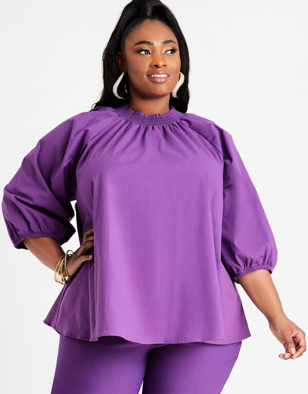 Cotton Smock Neck Puff Sleeve Top, Purple Magic image number 0