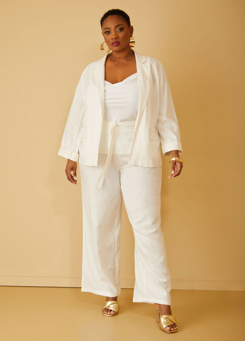 Roll Sleeved Linen Blend Blazer, White image number 3