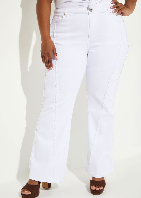Mid Rise Frayed Flared Jeans, White image number 3