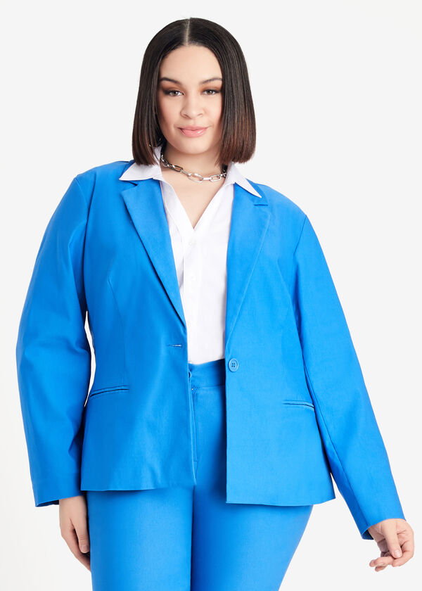 Plus Size Blue Office wear Plus Size Stretch One Button Blazer Suits