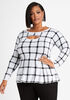 Plaid Cutout Peplum Sweater, White Black image number 0
