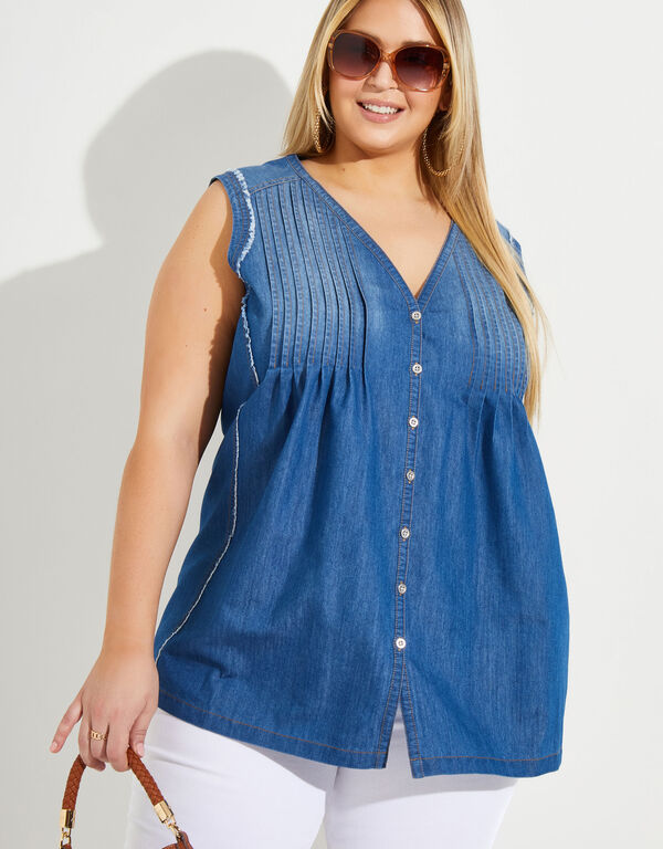 Pintucked Chambray Top, Denim image number 0