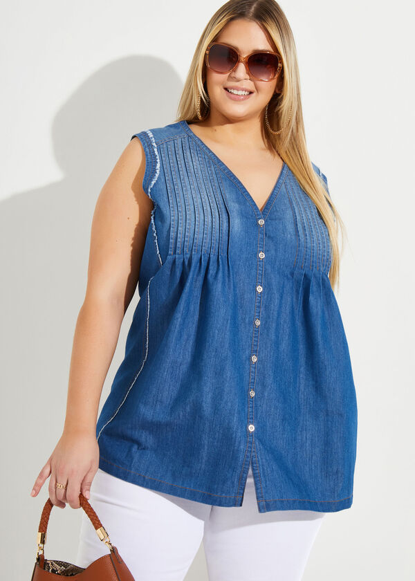 Pintucked Chambray Top, Denim image number 0