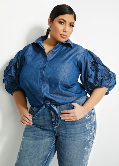 Ruffle Trim Chambray Tie Front Top, Blue image number 0