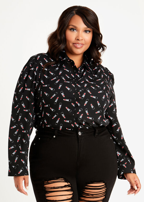 Lipstick Print Classic Button Up, Black image number 0