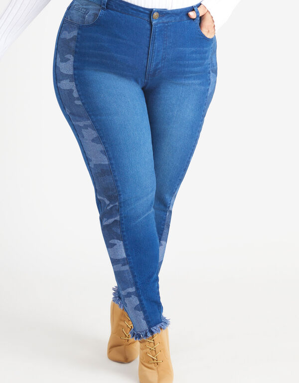 Camo Print Paneled Skinny Jeans, Dk Rinse image number 0