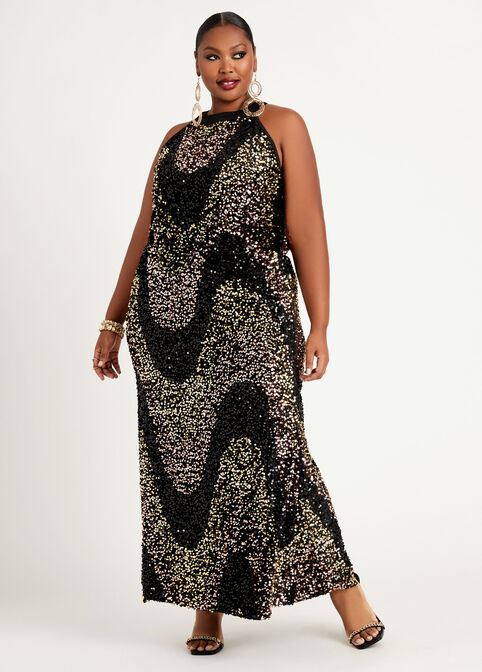 Sequined Velvet Gown, Black Combo image