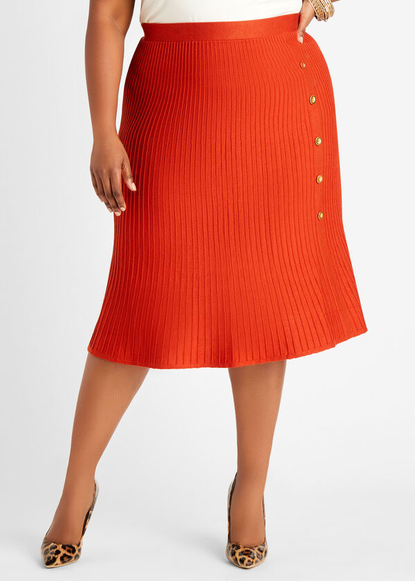 Button Trim Rib Knit Flounce Skirt, Rooibos image number 0